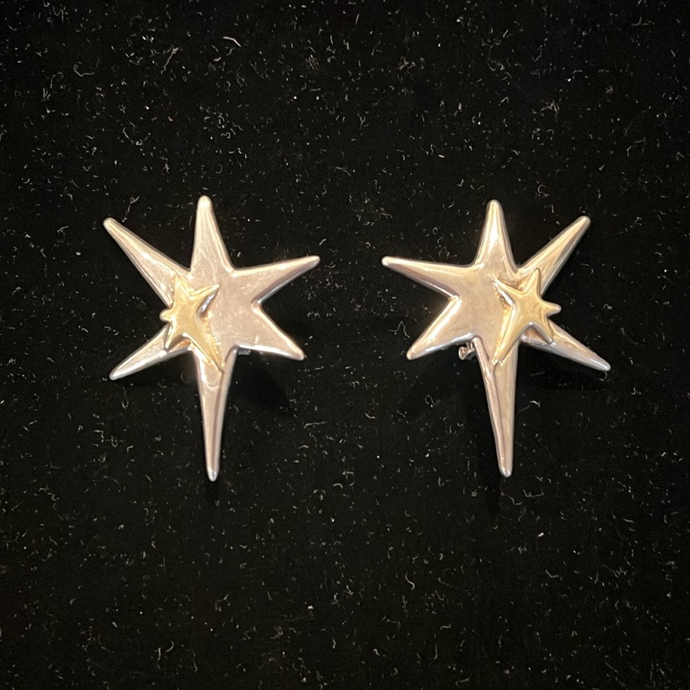 Silver and gold tone earrings with French clip back for pierced ears